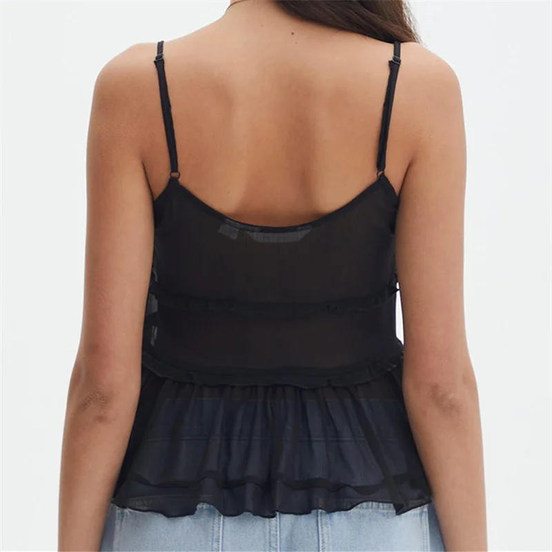 Y2k Women Front Tied Camisoles See Through Spaghetti Strap Women\'s Summer Casual Cami Tops Chiffon Ruffle Vest Tops Clothes