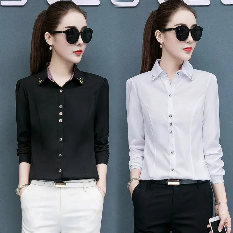 

2025 Autumn New Women White Shirts Korean Single-Breasted OL Office Ladies Blouses Fashion Rivet Decoration Lapel Shirt Tops