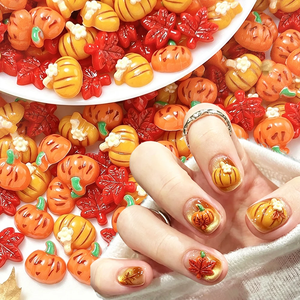 30/50Pcs Mixed Mini Autumn Pumpkin Maple Resin Nail Charms 3D Fall Halloween Nail Decorations For Manicure Salon Nail Supplies