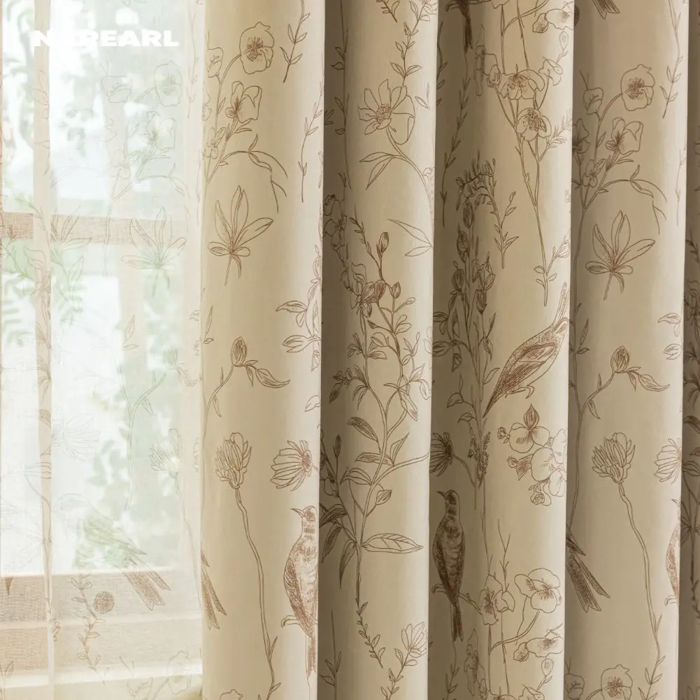 1PC Chic Style Beige Curtains for Living Room 100% Blackout Delicate Bird & Flower Patterns Printed Window Treatment