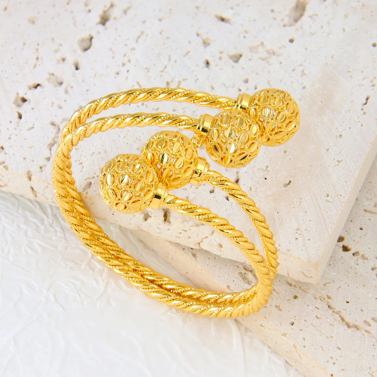 Dubai Gold Hochzeit Schmuck Manschette Armband 21k Gold Überzogene Algerien Einzelne Doppel Schicht Armreifen Oman Frauen Vintage Party Schmuck – Detail 6