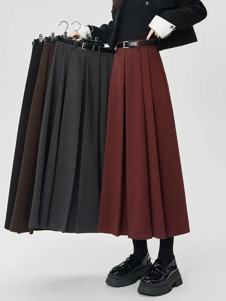 

2025 Autumn Winter Streetwear Simplicity Elegant Skirt Vintage Women Solid High Waist Versatile Pleated A-line Long Woolen Skirt