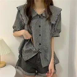 Fashion Peter Pan Collar Spliced Ruffles Plaid Puff Sleeve Shirt Women's Clothing 2023 Summer New Casual Tops Loose Sweet Blouse