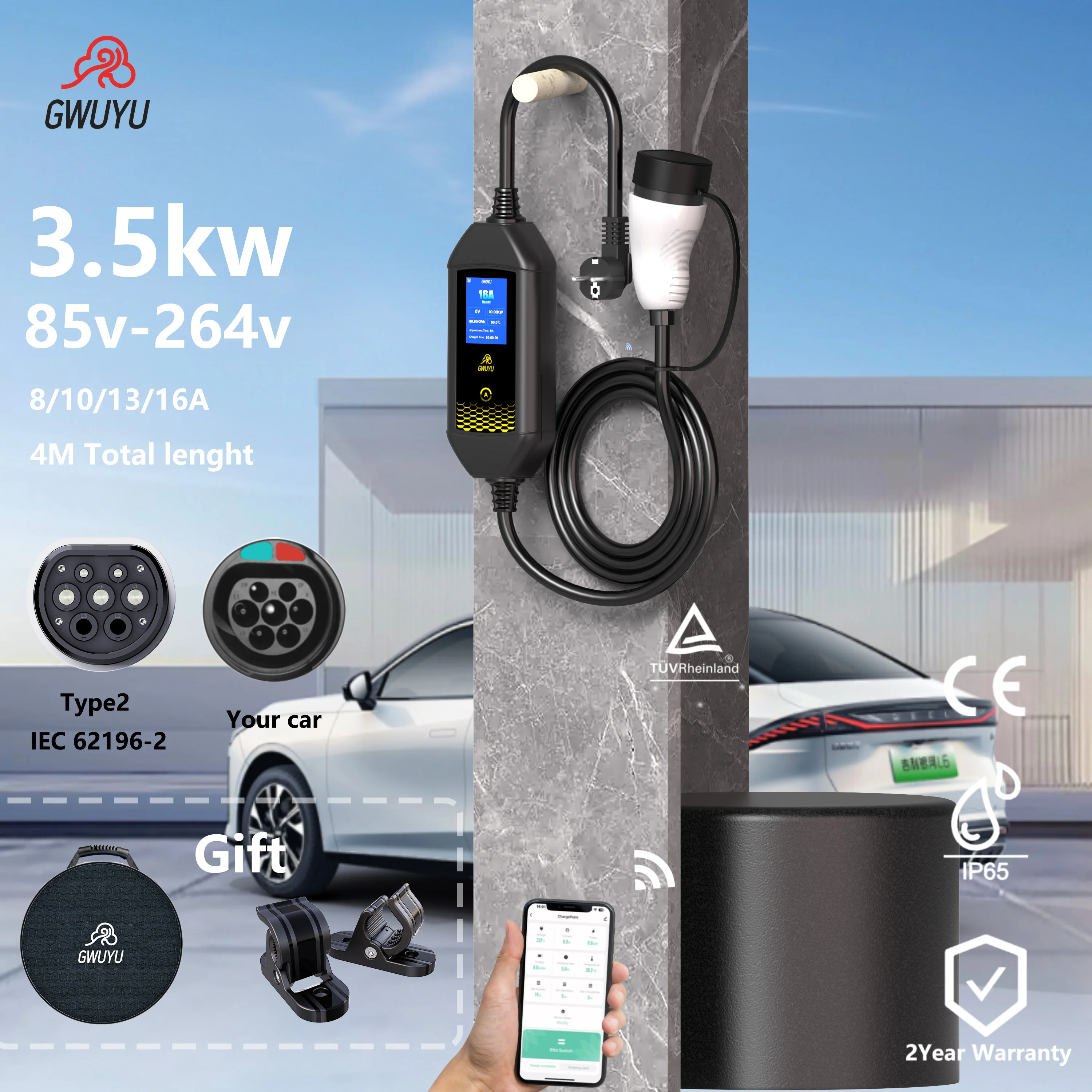 GWUYU Tragbares EV-Ladegerät 3,5KW 16A Typ2 IEC62196-2 4M Kabel 8-16A Einstellbarer Strom APP-Steuerung LCD-Bildschirm EVSE EU Schuko