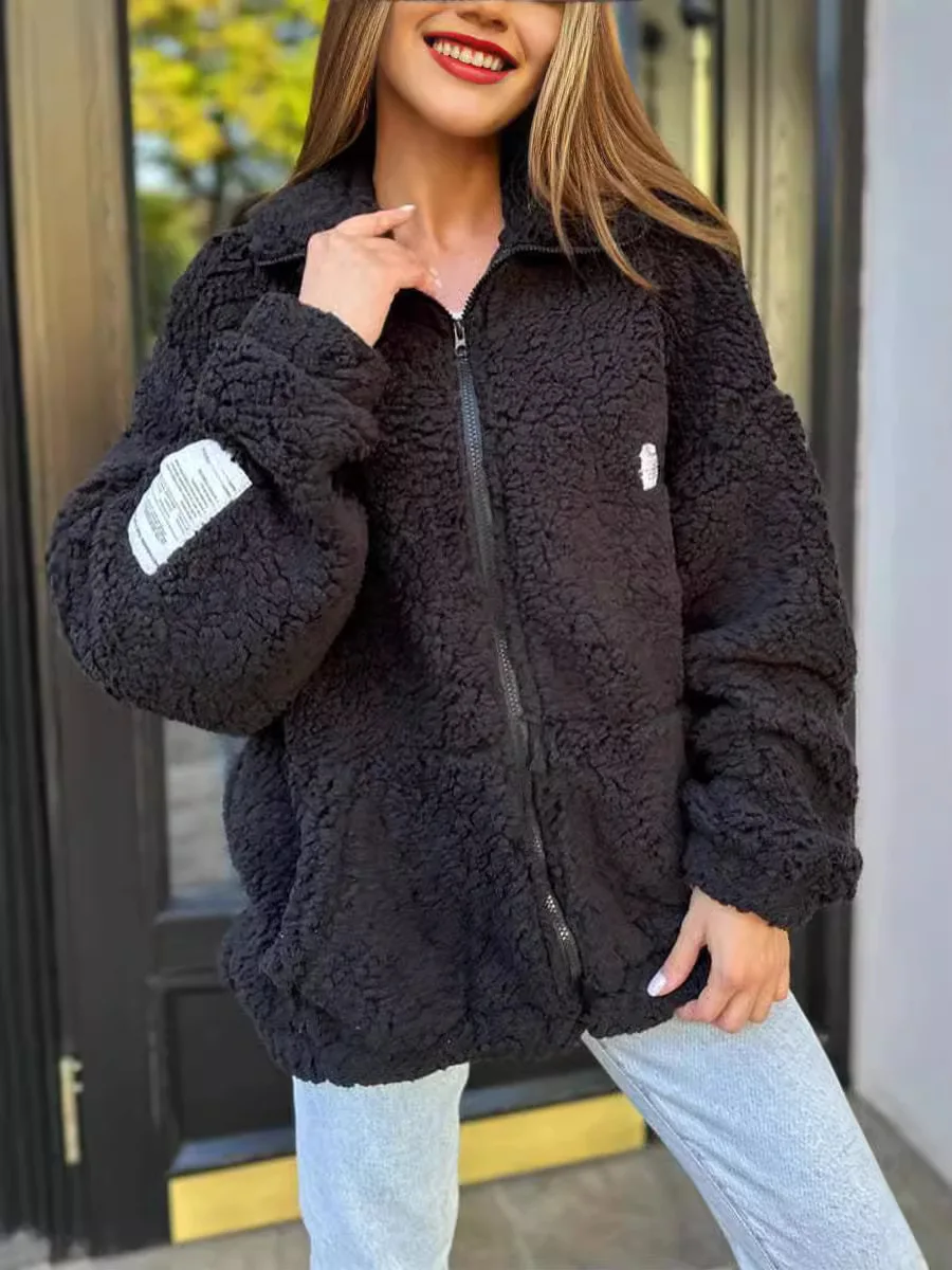 

2024 Women Winter Warm Black Sherpa Treddy mid Jacket Cozy Warm Full Zip Up Outwear Coat Jacket For Ladies Winter Wear