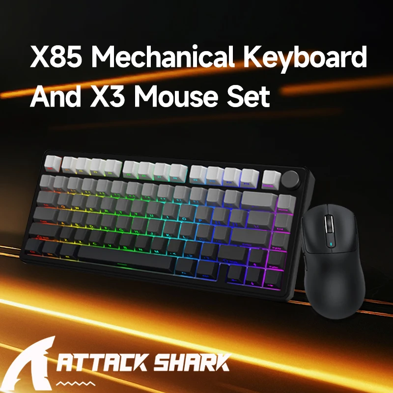 The mouse and keyboard package includes an attack shark mouse X3 and a mechanical keyboard X85, with Bluetooth dual-mode connect