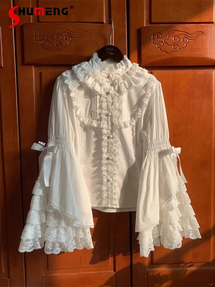 

French Vintage Court Style Lolita Shirt Womens Autumn Slim-Fit Lace Flared Sleeve White Elegant Inside Blouses Female Tops Mujer