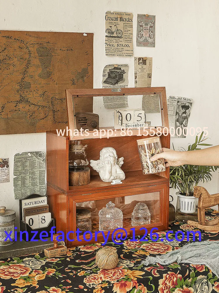 

Customizable Retro Wooden Tea Set Glass Display Cabinet Desktop Cosmetic Storage Box Dustproof Cup Organizer