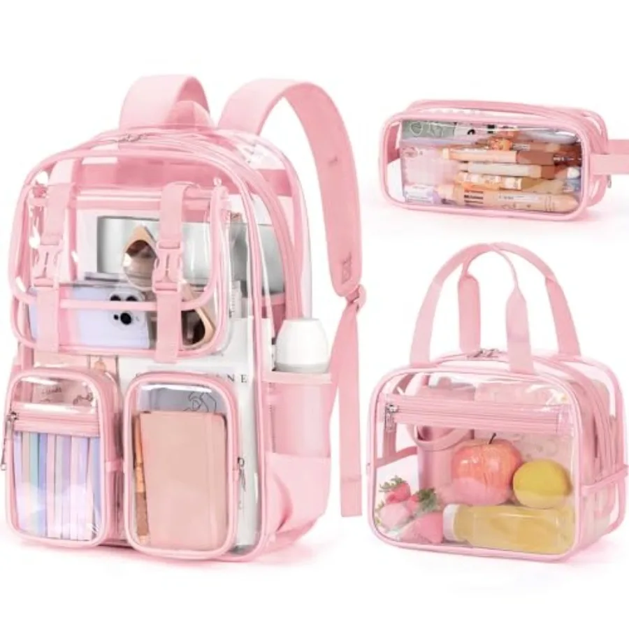 

Clear Backpack for Girls - 3 PCS Heavy Duty Clear Bags Schoolbag Large Transparent PVC Bookbag with Lunch Box Pencil Case Set f