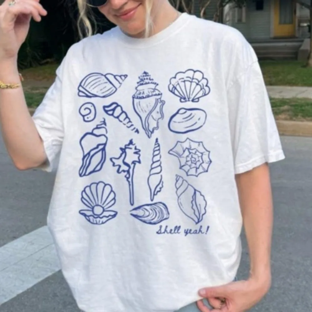 Seashell Fisherman Aesthetic T-Shirt Beach Shirt Shell Yeah shirt Womens Fisherman Aesthetic Beach Vibes Tee Summer Graphic Tee