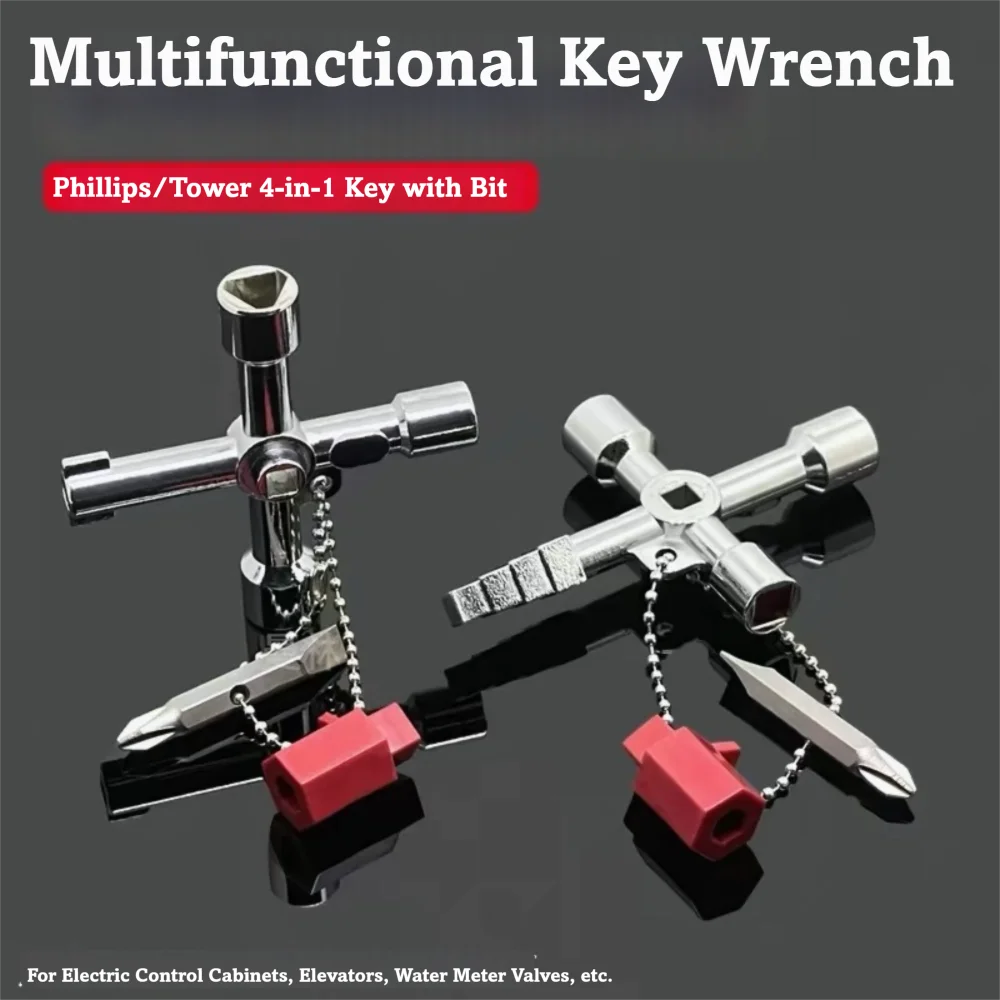 4 In 1 Elevator Key Wrench Alloy Material Silver Color Multi Purpose Wrench Set Universal Fit Electrical Cabinet Key Tool