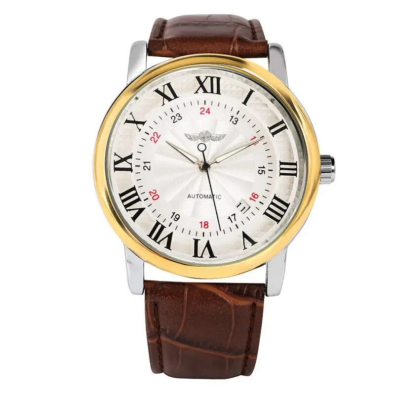 WINNER Brand Mens Self Winding Mechanical Watch Automatic Brown Leather Strap Wristwatch Nice Gift