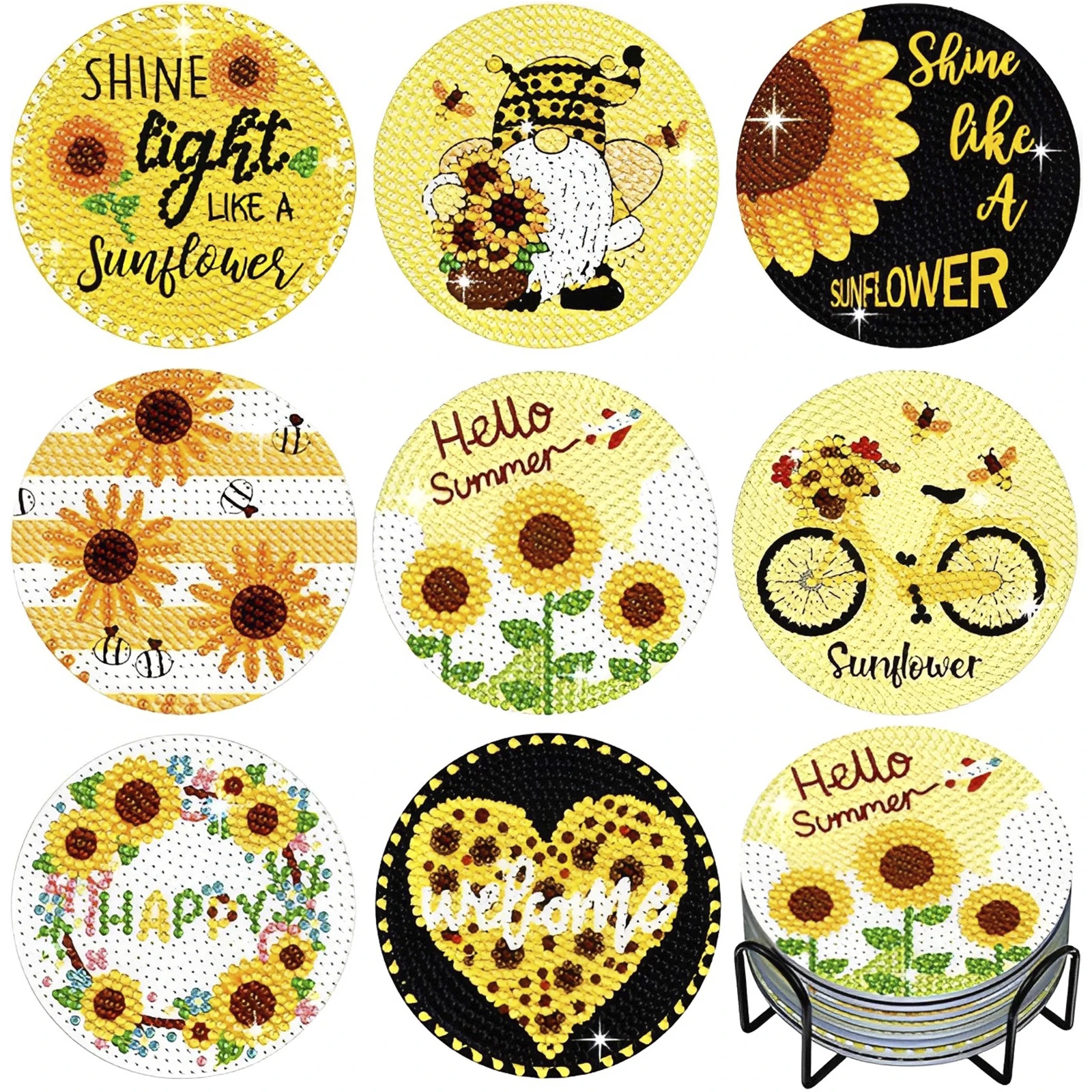 

8Pcs Diamond Paint Cup Mat Kit with Holder Sunflower/Fruits Round 5D Diamond Art Cup Pad DIY Diamond Mug Mat for Home Decor Gift
