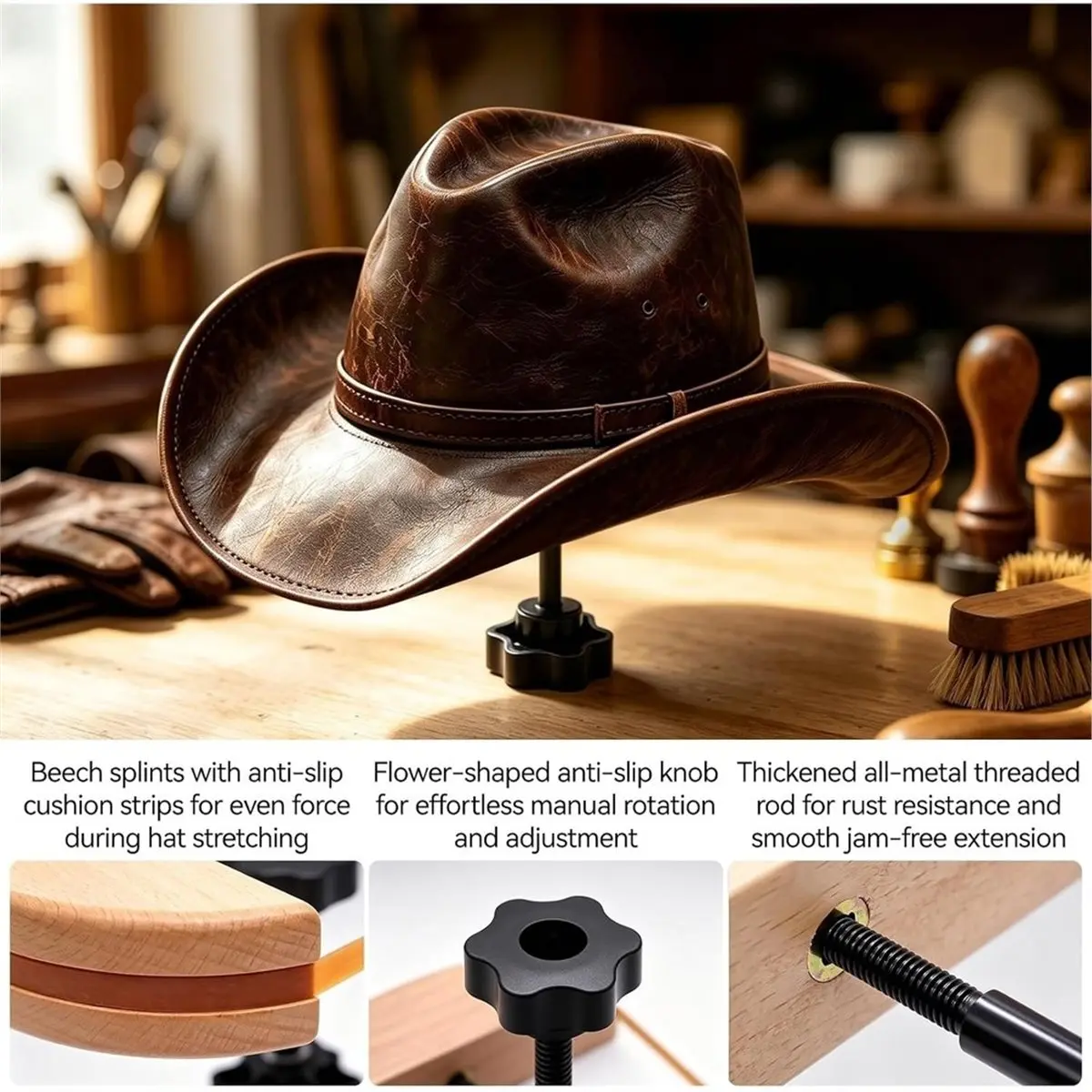 Professional Wooden Hat Stretcher with Adjustable Handle Hat Stretcher for Fitted Hats,Men'S Cowboy Hats,Baseball Caps