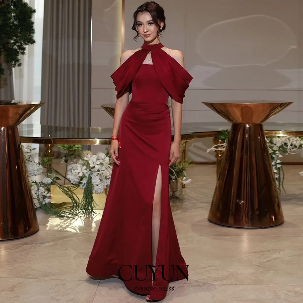

CUYUN красные вечерние платья по индивидуальному заказу, женское платье с круглым вырезом и открытыми плечами, с высоким разрезом, вечернее платье для выпускного вечера, свадебное платье с открытой спиной