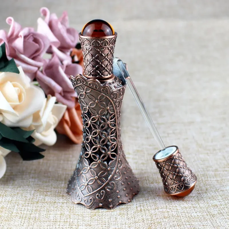 1PC 12ml Antiqued Metal Glass Bottle Arab Style Essential Oils Bottles with Dropper Middle East Perfume Oil Vials