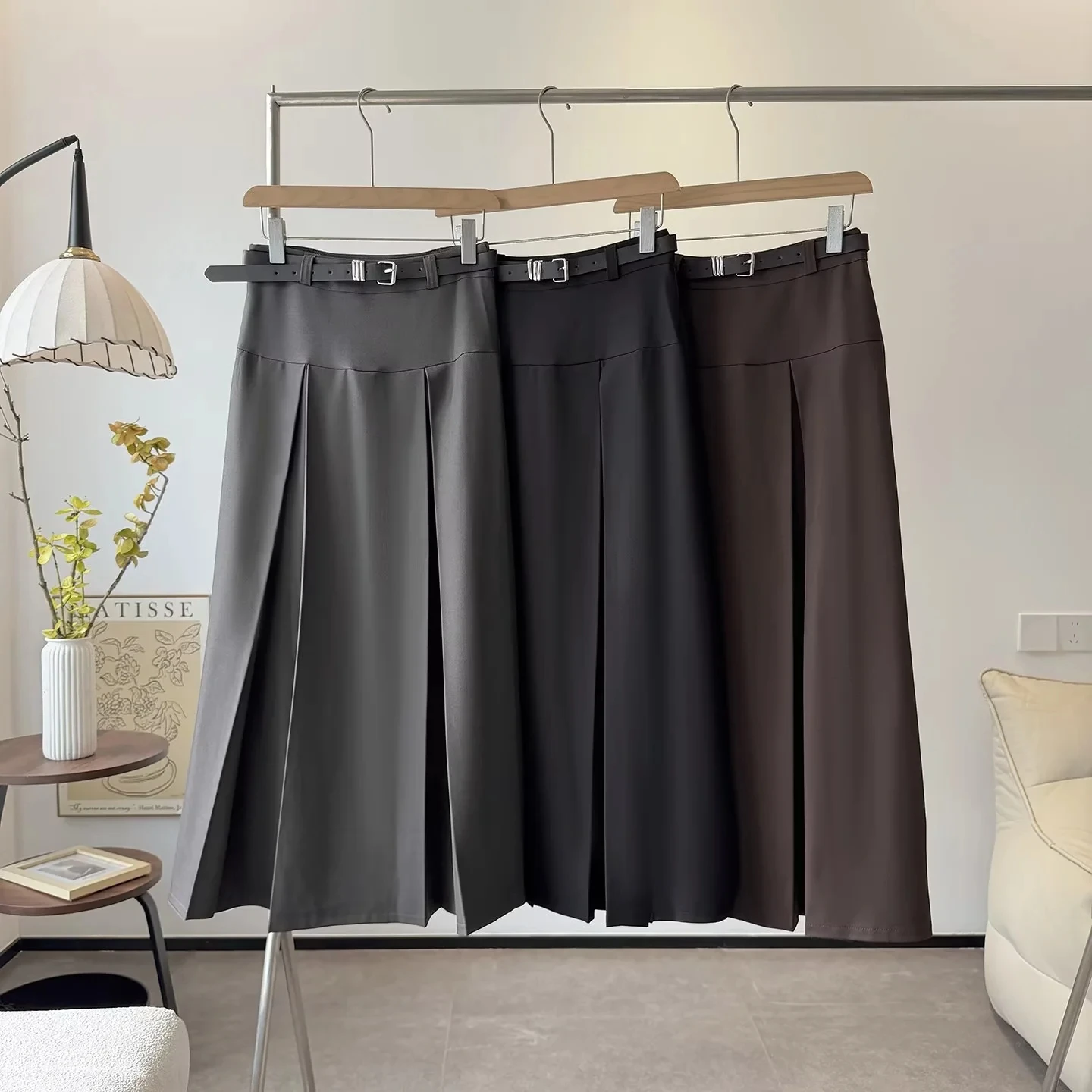 Fashionable Checkered Suit Skirt with Belt High Waist A-Line Long Dress Slimming Half-length Skirt for Women Polyester Blend