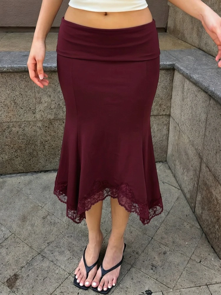 FDYOUI Woman Clothes Lace Patchwork Skirts Fashion Trend Ladies Low Waist Asymmetrical Mermaid Skirt Black Wine Red Streetwear