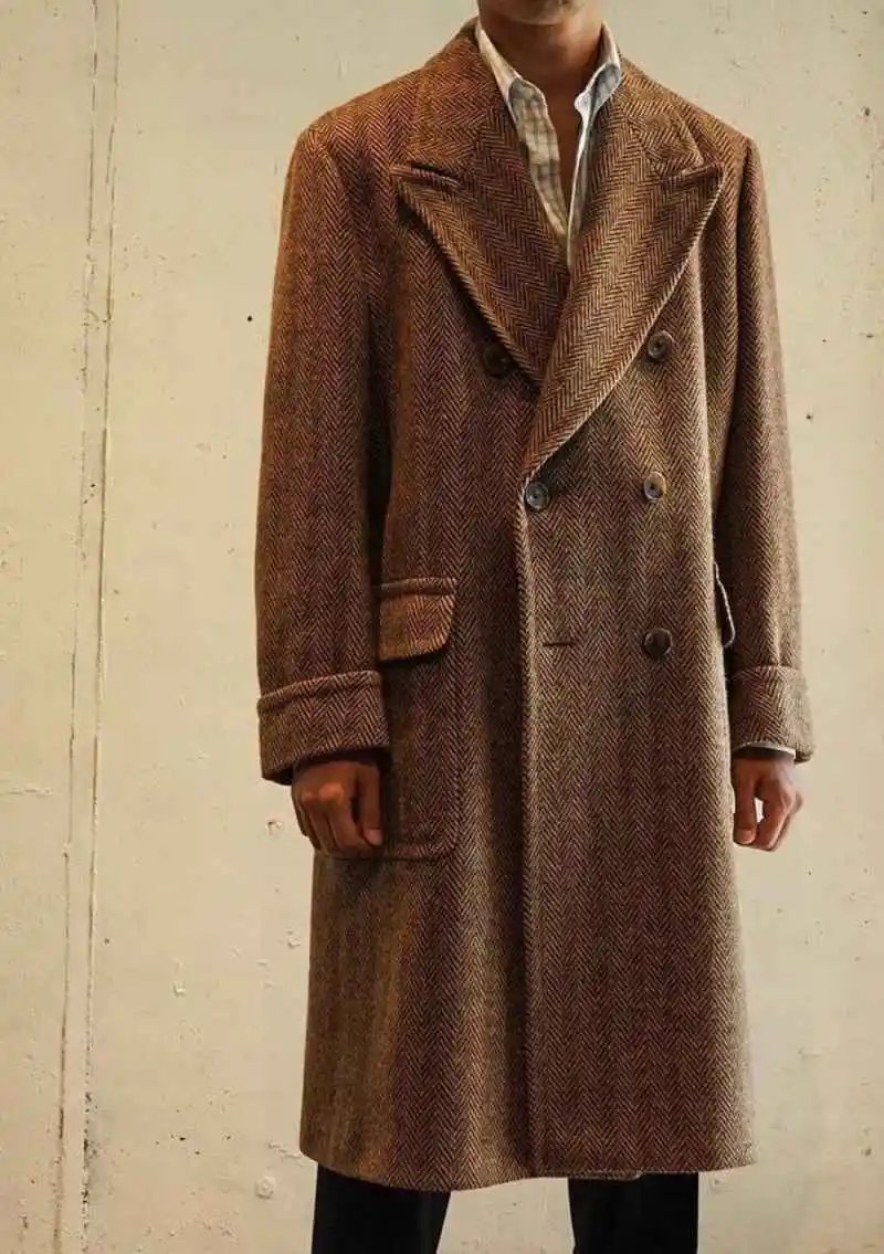 Plus Size Men Long Coat 1 Piece Set Herringbone Man Overcoat Fashion Peaked Lapel Winter Warm Business Blazers Customized