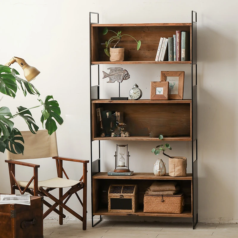 Industrial style iron frame bookcase, floor-to-ceiling, multi-layer assembly, solid wood against the wall