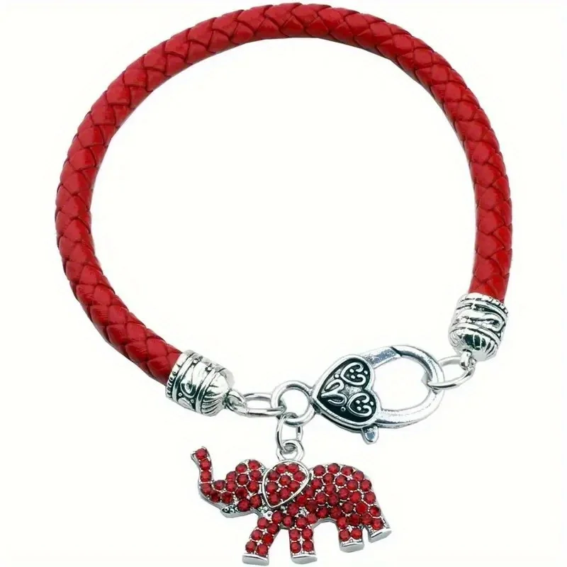 Pulsera de cuero trenzado rojo con dije de elefante de cristal, brazalete con cierre de langosta de corazón plateado, colgante de elefante de la suerte, joyería de muñeca para hombres y mujeres