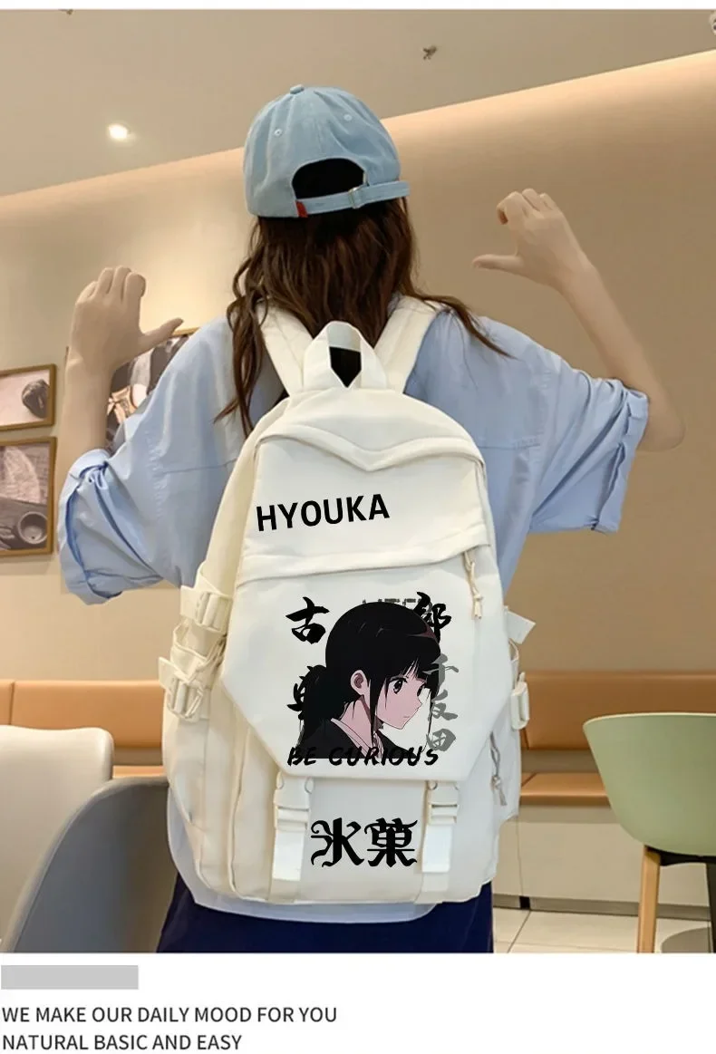 Mochilas anime para meninos e meninas, preto e branco, hyouka, mochilas escolares para estudantes e adolescentes, grande capacidade, presente para crianças, 30 × 43 × 13cm