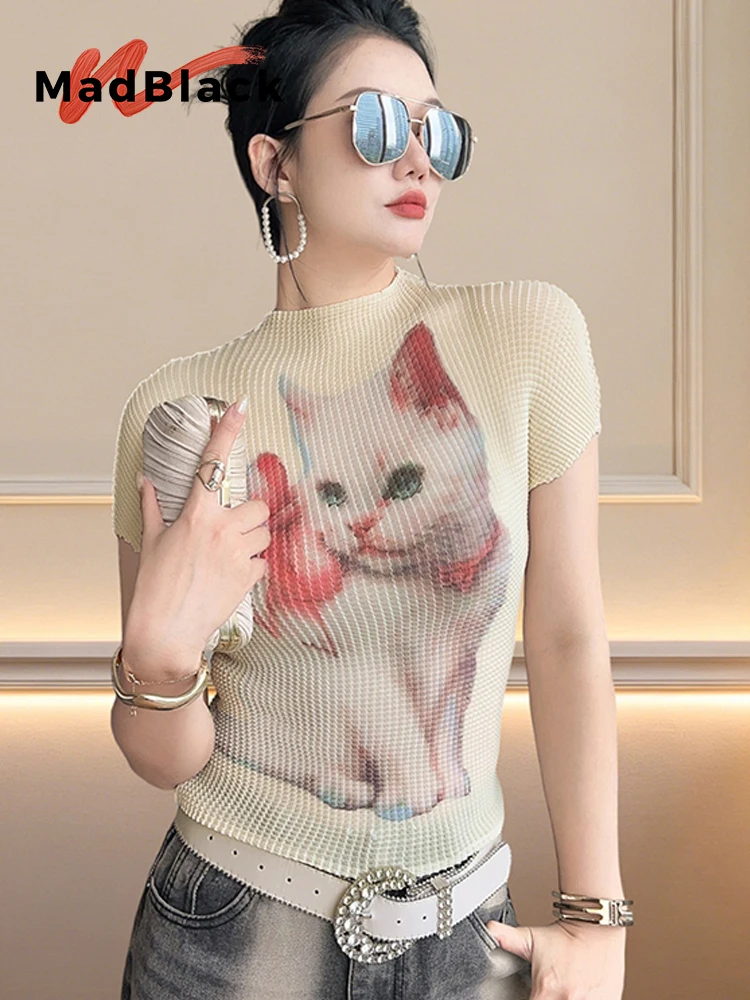 MadBlack-Women European T-Shirt, Sexy Stand 3D Print, Fashion Design Short Sleeve Slim S-3XL Mesh Tee, 2026 Summer New T65702CC