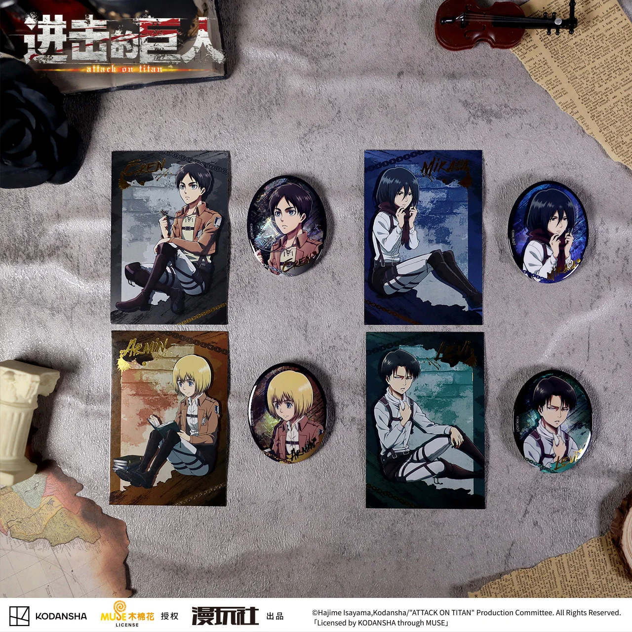 Attack on Titan Eren Jager Armin Arlert Rival Ackerman China Official Authorization Can Badge+Polaroid Card Set