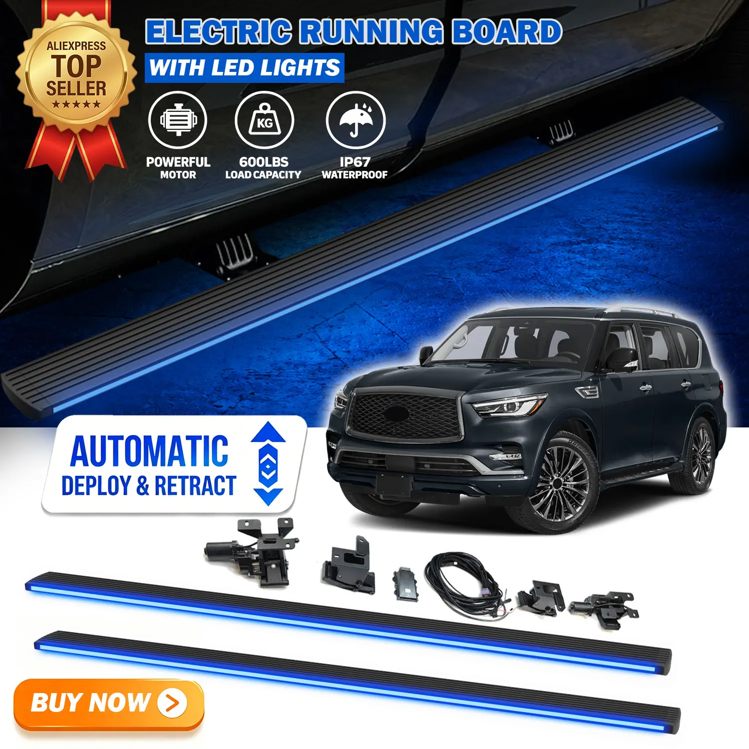 Fits For Infiniti QX80 2013-2024 Deployable Power Electric Running Boards with LED Light Strips Side Step Nerf Bars