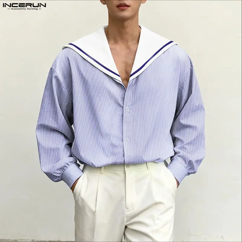 INCERUN, camisa para hombre, retales a rayas, cuello marinero, ropa de manga larga para hombre, ropa de calle, camisas informales holgadas de estilo coreano para hombre 2026
