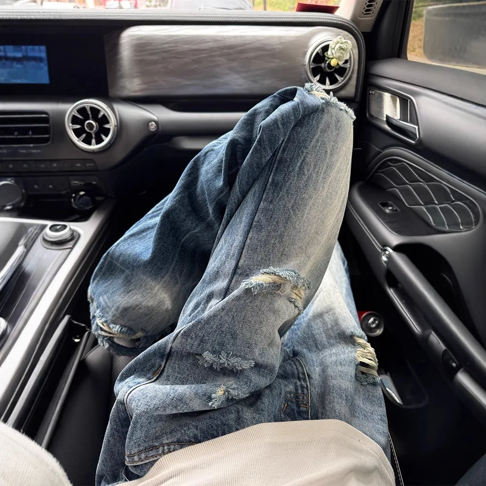

Retro American Washed Denim Jeans Women's Spring Autumn New Straight High Waist Slimming Long Trousers Trendy Floor-Length