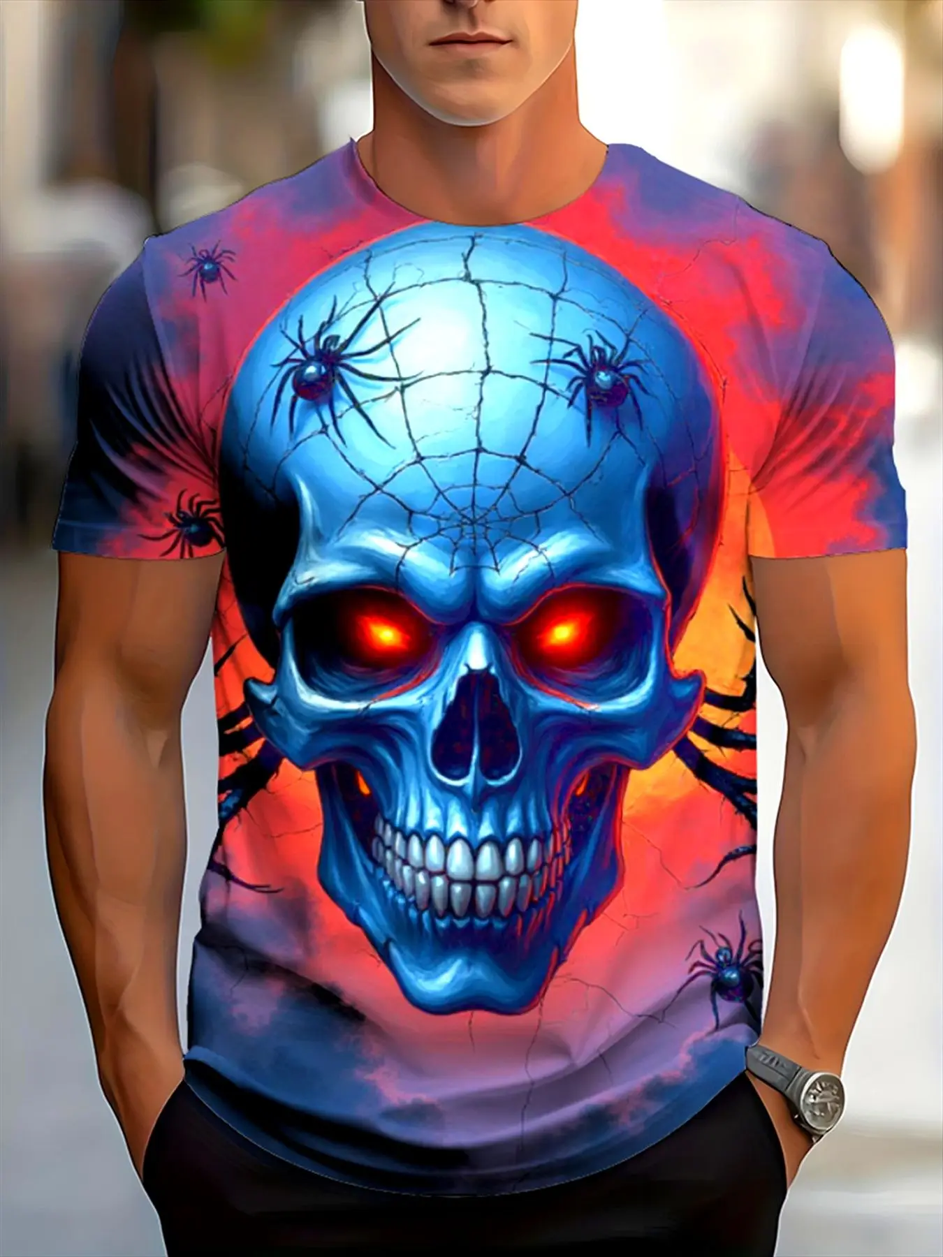 Men Short Sleeve T‑Shirt 3D Skull Spider Web Print Halloween Gothic Glowing‑Eyes Casual Party Top