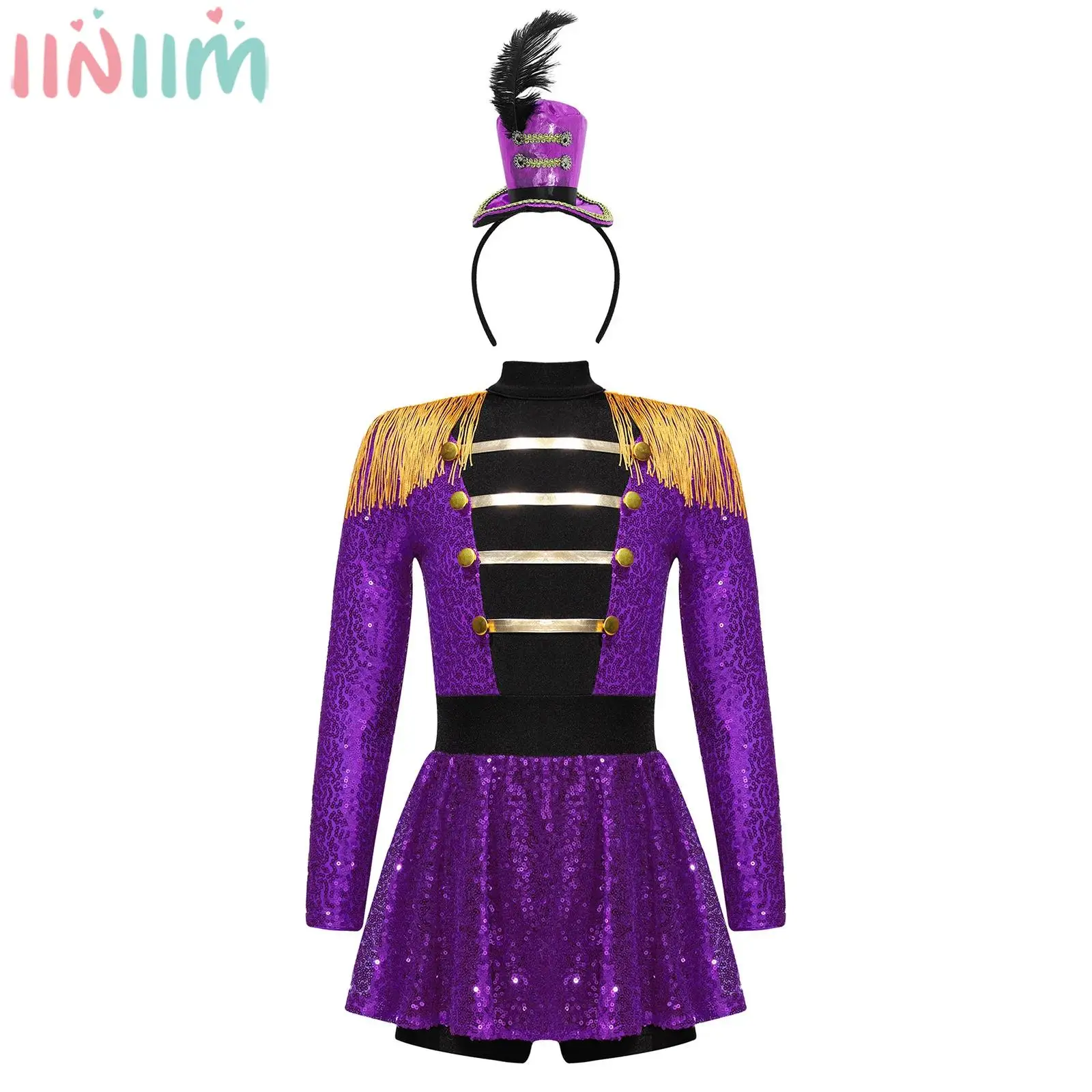 Children Girls Halloween Carnival Circus Ringmaster Cosplay Costume Long Sleeve Sequin Bodysuit Dress with Top Hat Headband Set