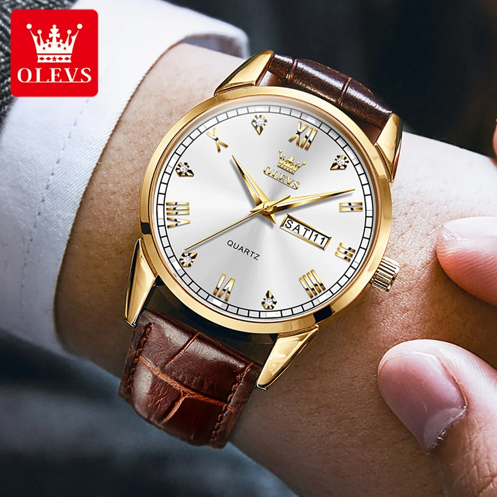 OLEVS 6896 Top Brand Men Quartz Watch Luminous Leather Strap Waterproof Date Week Casual Fashion Wristwatch for Man