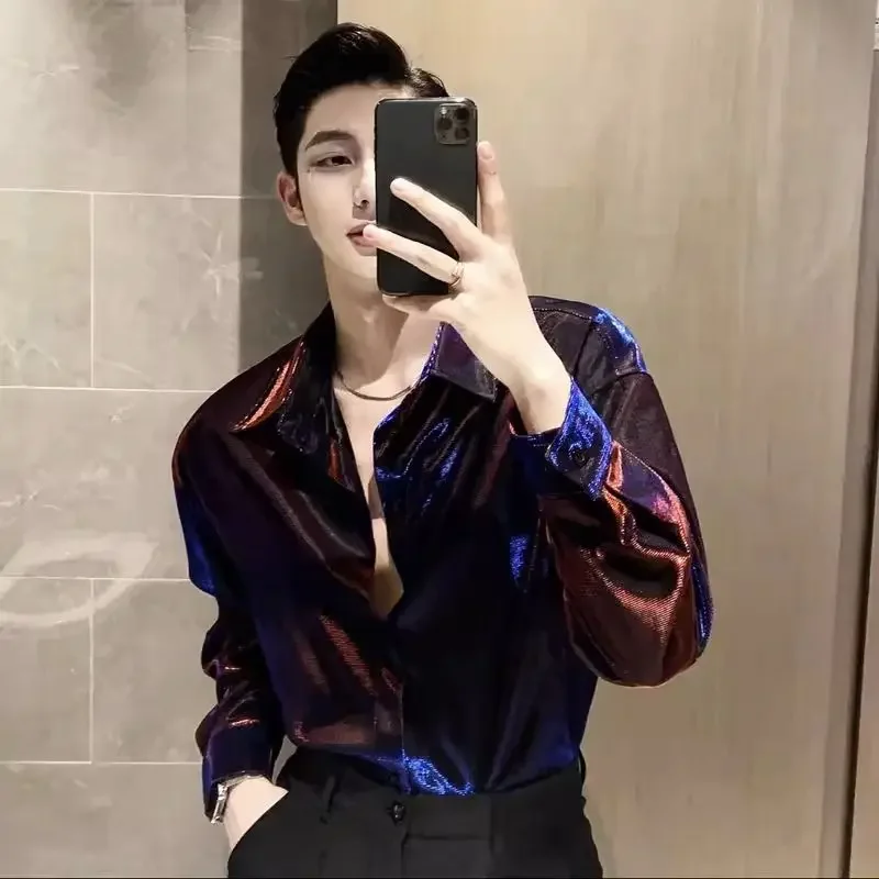 Male Shirts Shiny Hip Hop Long Sleeve Men\'s Shirt Casual Korean Style Trendyol Fashion Man 2024 Popular Clothes I Elegant Social