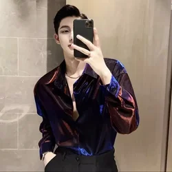 Male Shirts Shiny Hip Hop Long Sleeve Men's Shirt Casual Korean Style Trendyol Fashion Man 2024 Popular Clothes I Elegant Social