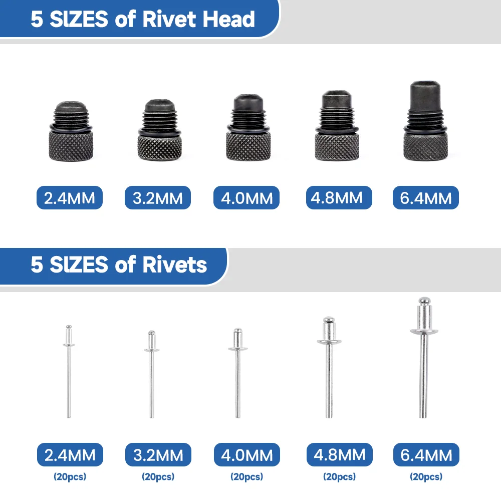 2.4/3.2/4.0/4.8/6.4mm Electric Rivet Gun Converter, Aluminum Alloy Rivet Gun, Pull Rivet Tool, Household Cordless Rivet Gun