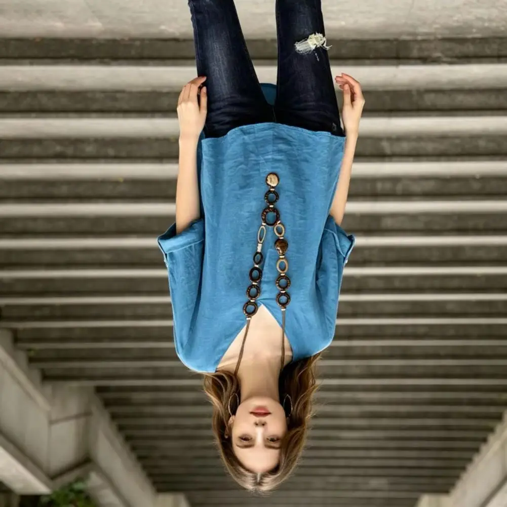 Blusa de estilo relajado para mujer, camiseta holgada de manga corta, blusa informal de verano de color puro, ropa para el trabajo y las vacaciones