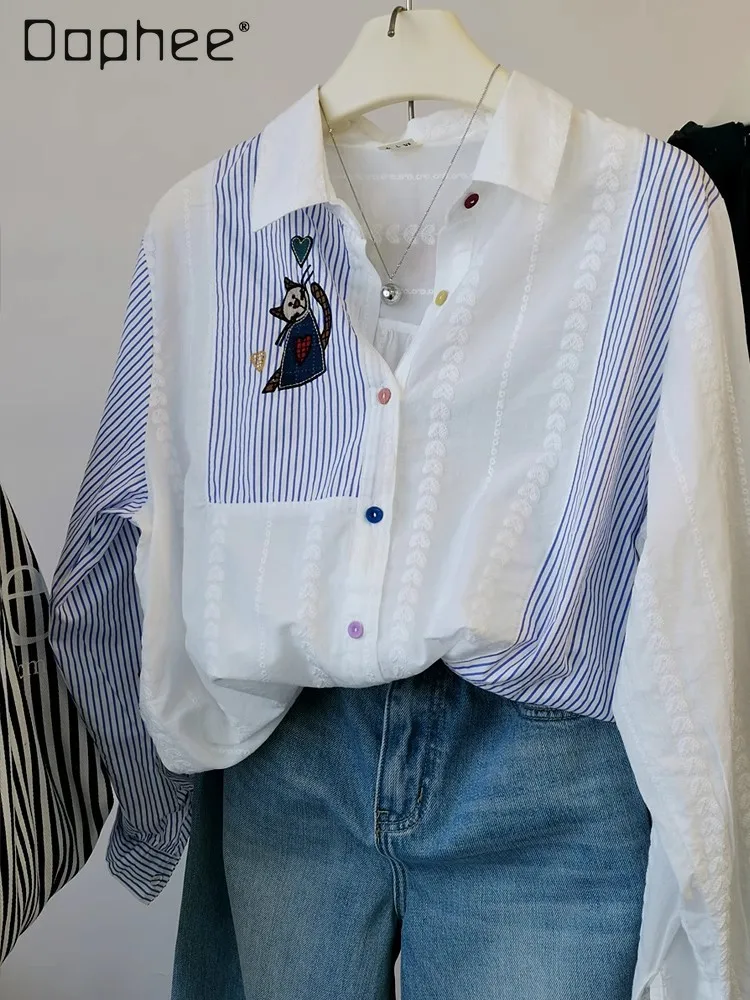 

Long Sleeve Striped Shirt Women Lace Splicing Cotton Loose Kitten Embroidered Shirt Women's Top Polo Collar Casual Shirt