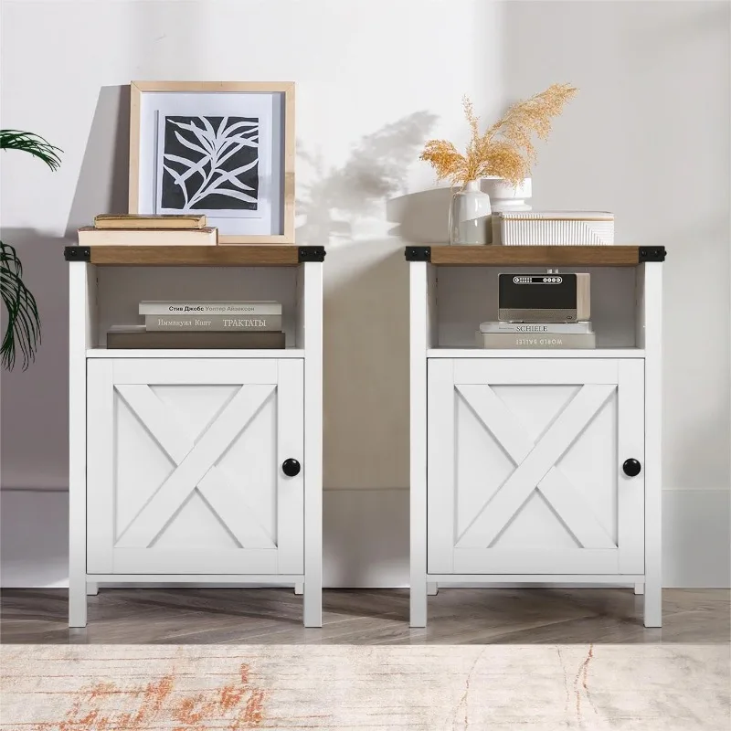 Farmhouse End Table, Set of 2, Rustic Night Stand with Barn Door and Storage Shelf, White End Table Side Table for Bedroom