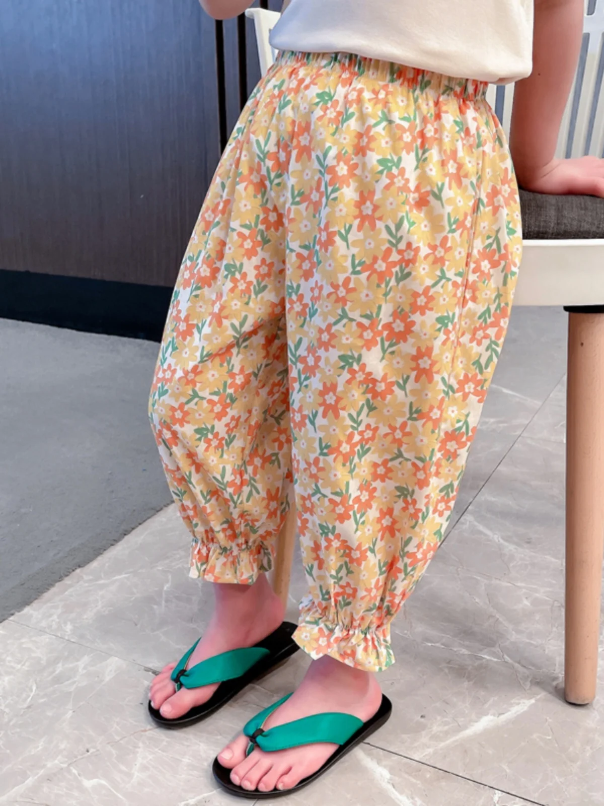 Verão anti-mosquito suave bolinhas floral meninas calças soltas bebê lanterna calças casuais calças compridas para idades de 7 e sob