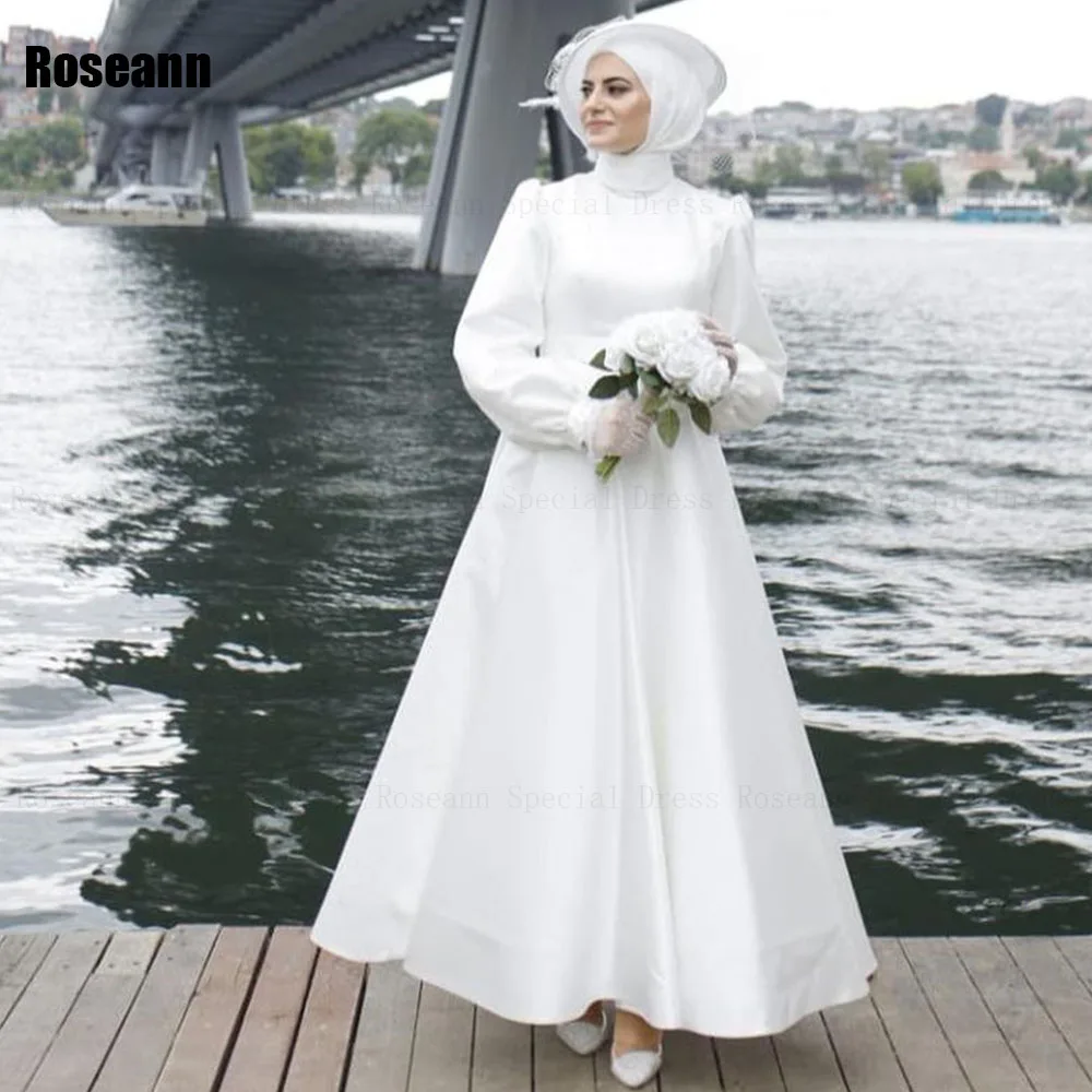 Muslim 2024 New Design Ivory Exquisite A-line Wedding Dresses High Collar Draped Pleat Anke Length Bride Dress robe de mariée