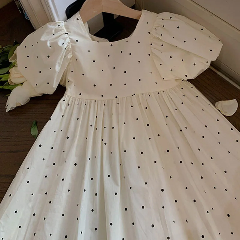 2023 Summer New Baby Girls\' Dress Dotted Bubble Sleeves Dress Kids Princess Dress Fashion Back Bow Square Neck Children\'s Dress