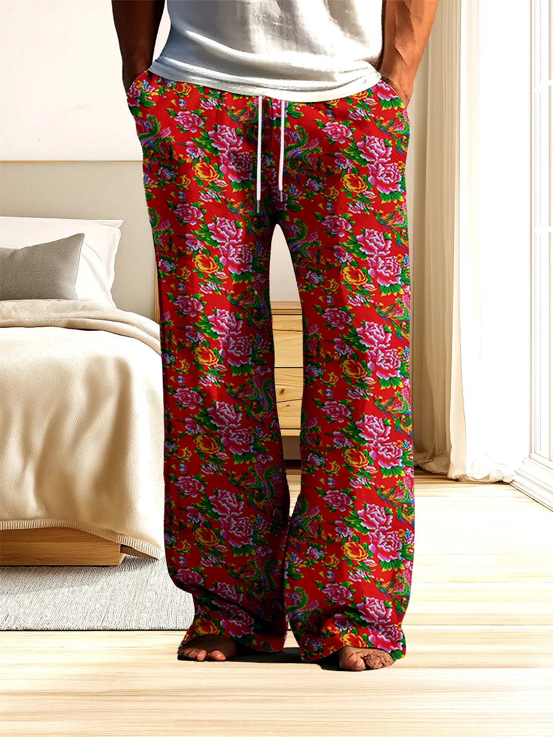 

Мужские брюки с 3D цифровой печатью северо-восточного крупного цветочного узора, мужские повседневные брюки весна-осень, которые быстро сохнуть, не выцветают