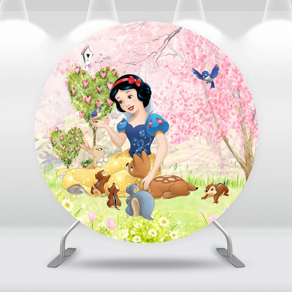 Spring Garden Princess Snow White Round Backdrop Cover for Birthday Party Supplies Decor Bambi Baby Shower Circle Background