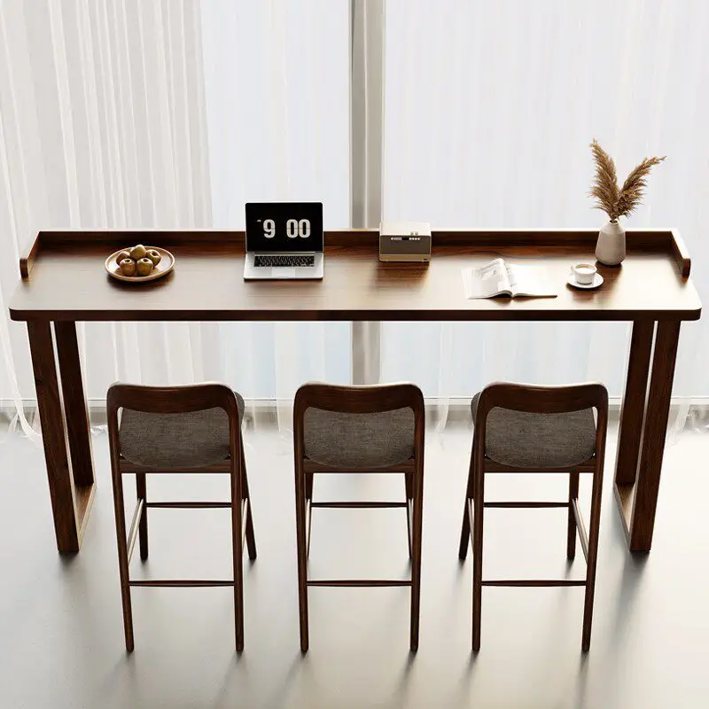 Solid Wood Bar Table In Walnut Color, Narrow Long Table For Home Balcony By The Window, Coffee Shop High Stool And Chair Set