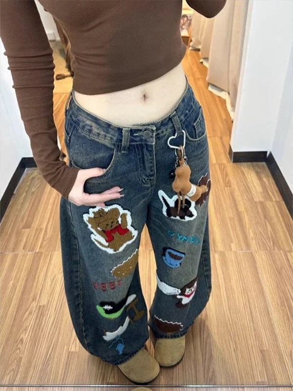 Retro American Cartoon Embroidered Washed Knife  Denim Pants Women's Loose Wide Leg Jeans Casual High Waist with Pockets