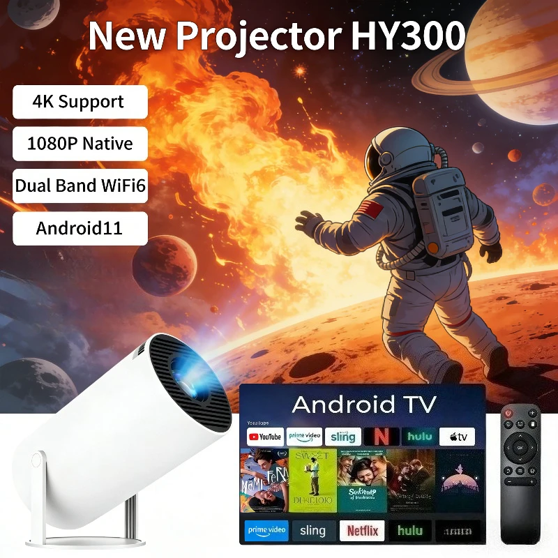

Портативный проектор 2026 HY300 4K Ultra HD 300ANSI с Android 11, BT5.4, электронной фокусировкой и встроенным динамиком для домашнего кинотеатра