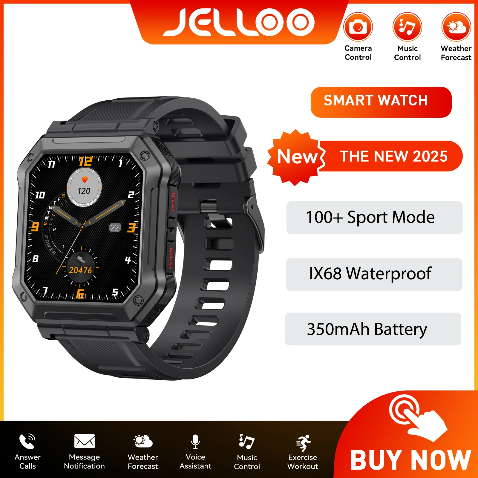 

JELLOO Smart Watch for Men Swimming Waterproof 1.96" HD Fitness Watch with 100+ Sports Modes Heart Rate Sleep Tracker Pedometer