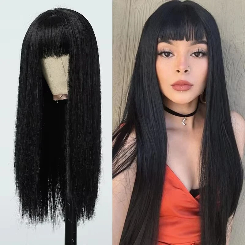 شعر مستعار أسود للنساء، شعر مستعار أسود طويل مستقيم مع غرة، شعر صناعي طبيعي للاستخدام اليومي للحفلات، شعر مستعار من الألياف المقاومة للحرارة #1